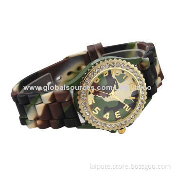2014 Latest Design Army Geneva Crystal Rhinestone Watch, Silicone Jelly Link, Dark Green Band